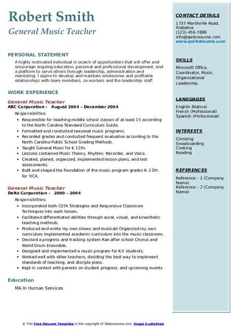 General Music Teacher Resume Samples Qwikresume