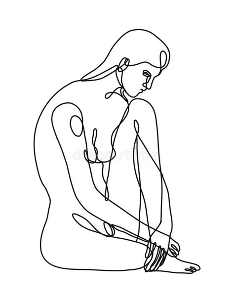 Female Nude Sitting With One Knee Up Continuous Line Doodle Drawing