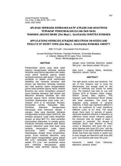 APLIKASI HERBISIDA BERBAHAN AKTIF ATRAZIN DAN MESOTRION TERHADAP