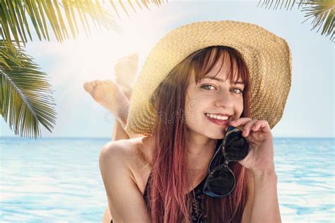 Sunbath Pretty Girl In Bikini Lying On Sandy Beach Beautiful Young