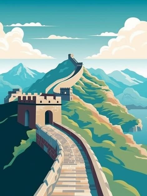 Premium Photo A Poster Of A Great Wall Of China With A Mountain In