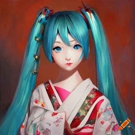 Japanese Virtual Idol Hatsune Miku In Traditional Attire Oil Painting