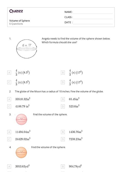 Volume Of A Sphere Worksheets For Th Grade On Quizizz Free