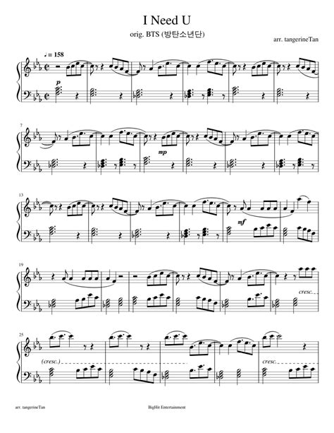 I Need U Bts 방탄소년단 Sheet Music For Piano Solo Easy