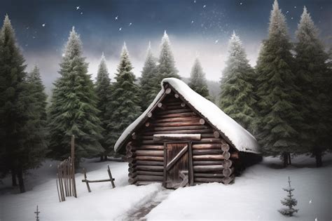 Premium AI Image | A snowy scene with a log cabin in the snow.