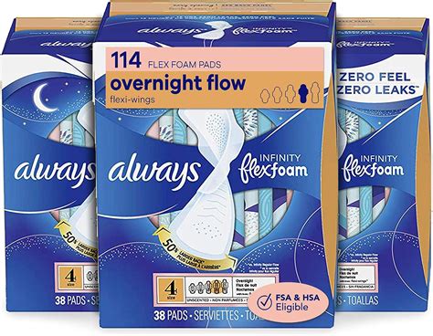 Always Infinity Flexfoam Pads For Women Size 4 Overnight Absorbency W Wings 114 Total Count