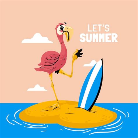 Illustration D T Plate Avec Flamant Rose Sur L Le Et Planche De Surf