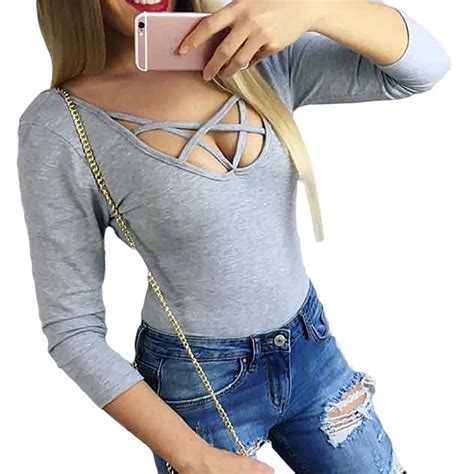 Women Long Sleeve Front Cross Hollow Out Bodysuit Ladies Sexy Bodycon