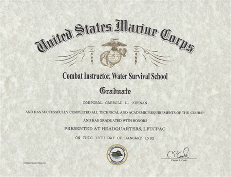 USMC Combat Instructor Water Survical School Certificate