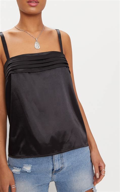 Black Satin Vest Top Tops Prettylittlething