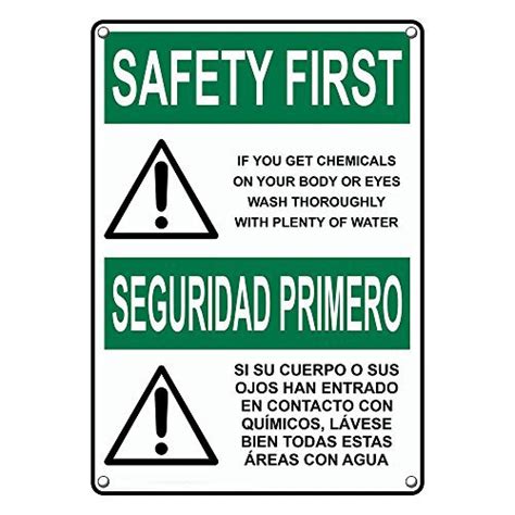 Weatherproof Plastic Vertical Osha Safety First You Get Chemicals Body Eyes Bilingual Sign With