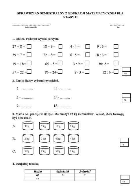 Test Matematyczny Kl II SPRAWDZIAN SEMESTRALNY Z EDUKACJI