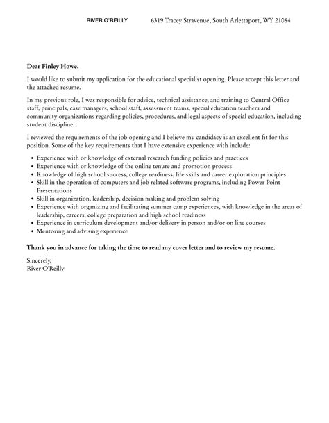 Educational Specialist Cover Letter Velvet Jobs