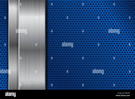 Blue Metal Perforated Background With Vertical Stainless Steel Plate