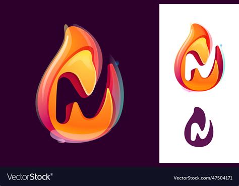 N Letter Logo In Fire Flame Negative Space 3d Vector Image