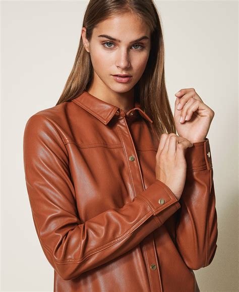 Faux Leather Shirt Dress Woman Brown Twinset Milano