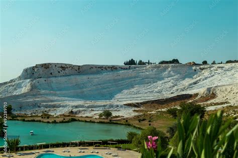 Natural travertine pools and terraces in Pamukkale. Cotton castle in ...