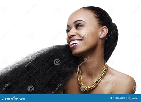 Smiling Young African American Woman With Very Long Natural Hair Stock