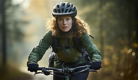 Premium Ai Image A Female Cyclist In The Forest In The Style Of Light