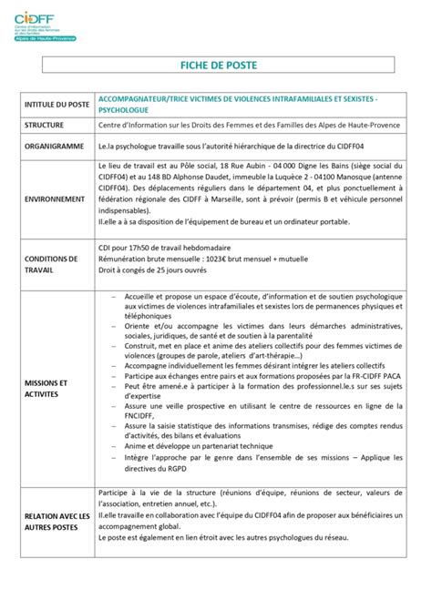 CIDFF04 Fiche De Poste PSYCHOLOGUE 2023 Page 0001 CIDFF 04