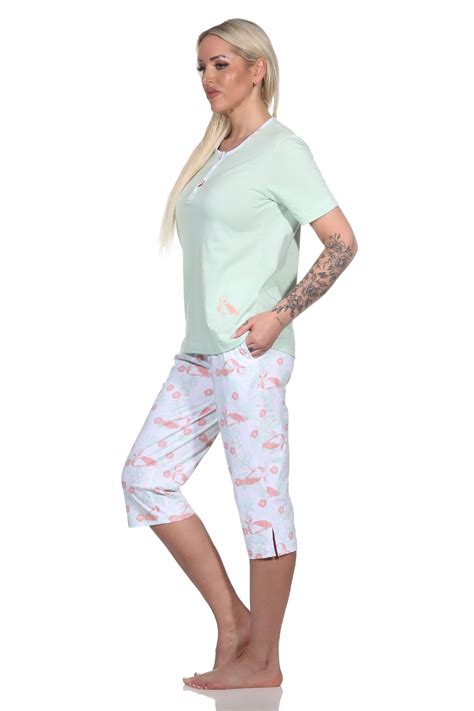 Normann Damen Capri Schlafanzug Kurzarm Pyjama Mit Flamingo Motiv Und