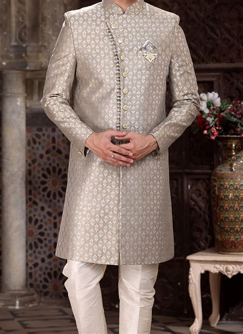 Shop Cream Art Silk Jacquard Indowestern Sherwani Wedding Wear Online