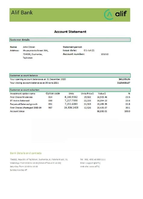 Tajikistan Alif Bank Statement Template In Excel And PDF Format