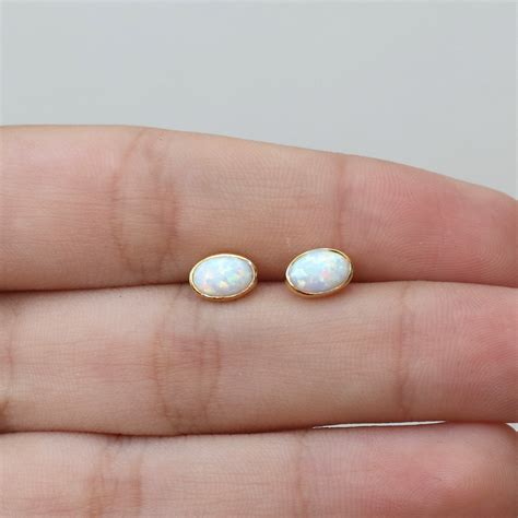 K Gold Opal Stud Earringsdainty Earrings White Opal Etsy