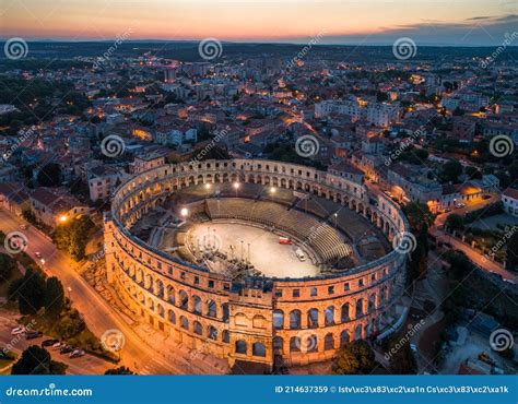 Arena Pula Ancient Ruins Of Roman Amphitheatre In Pula Aerial Evening