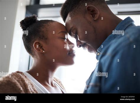 Black Couple Relax And Forehead For Love Care Or Relationship Bonding