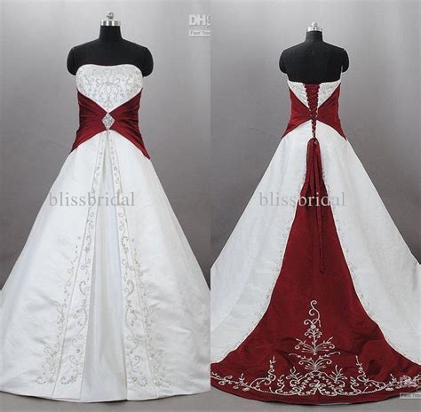 Junoesque Strapless Satin Embroidery Red And White Wedding Dresses