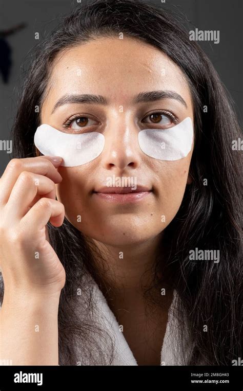 Under Eye Patches Close Up Caucasian Millennial Brunette Woman