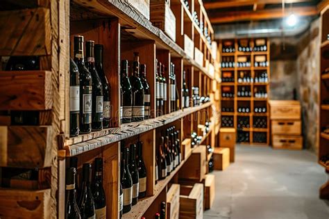 Red Wine Bottles Stacked On Wooden Racks Bottles Of Wine Stored In The