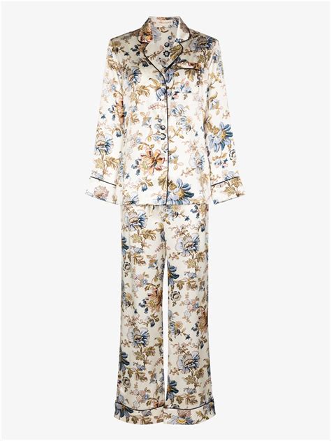 Olivia Von Halle Lila Odette Printed Silk Pyjamas Browns