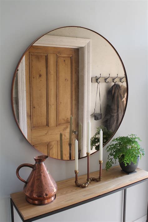 Hallway Furniture Copper Mirror Over Steel And Oak Console Table By