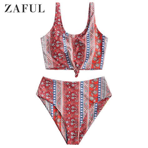 Zaful For Women Vacation Bohemian Printed Knot High Waisted Tankini Swimsuit Valentine Red M