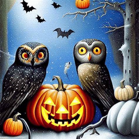 Halloween Galaxy With Mystic Giant Owl Ravens Cauldron And Pumpkins