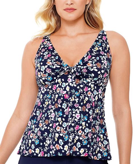 Swim Solutions Vintage Daisy Printed V Neck Bow Tankini Top Created