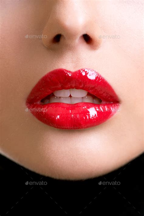 Closeup Beautiful Female Lips With Red Lipstick Stock Photo By Valuavitaly