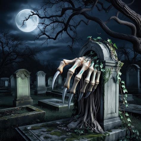 Zombie Hand Rising Out Of A Graveyard Cemetery In Spooky Dark Night