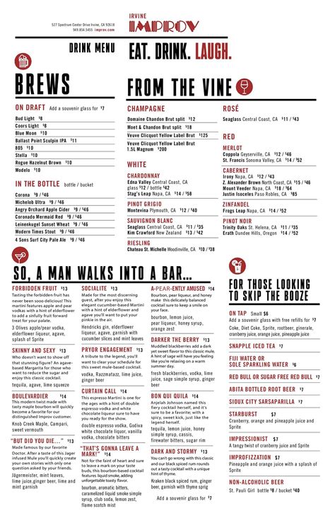 Irvine Improv Food and Drink Menu