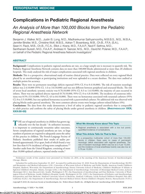 PDF Complications In Pediatric Regional Anesthesia An Analysis Of