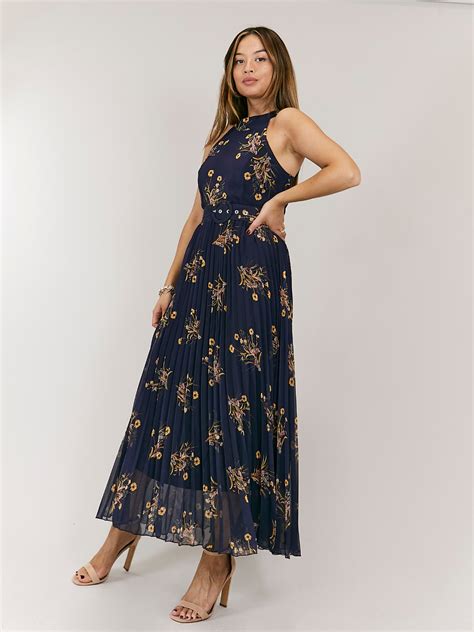 Luisa Belted Pleated Maxi Dress Navy Floral Print Pleated Maxi