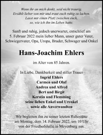 Traueranzeigen Von Hans Joachim Ehlers Trauer Anzeigen De