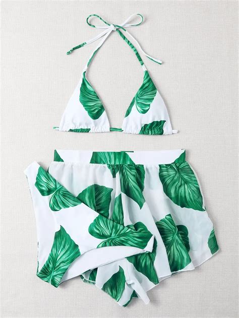 High Waist Leaf Print Triangle Bikini Hawaiian Shorts Swimsuit For