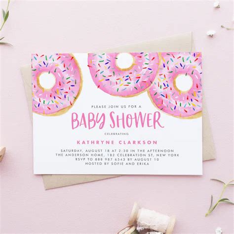 Watercolor Pink Sprinkle Donuts Baby Shower Invitation Zazzle