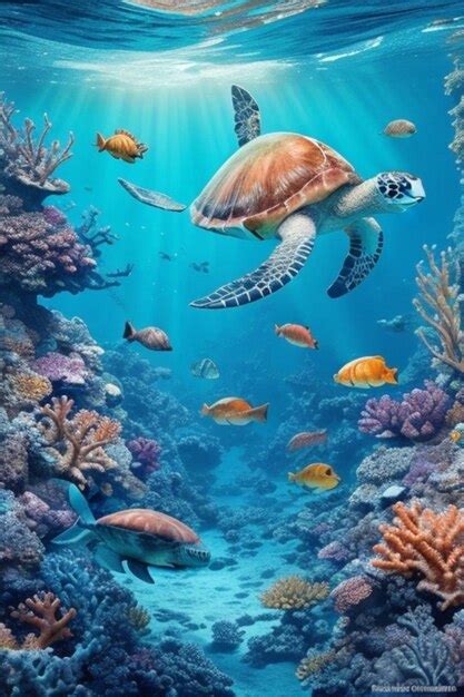 Premium AI Image | Coral reef and turtles in the sea