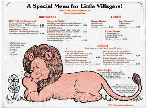 Little Villagers Village Inn Pancake House Kids Menu 1980 Lion and Flower. - Menus