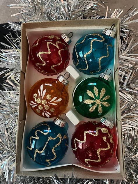 Vintage German Glass Christmas Ornaments Box6 Made In Gdr 1950s Collectible Christmas