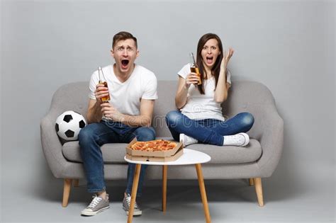 Screaming Couple Woman Man Football Fans Cheer Up Support Favorite Team